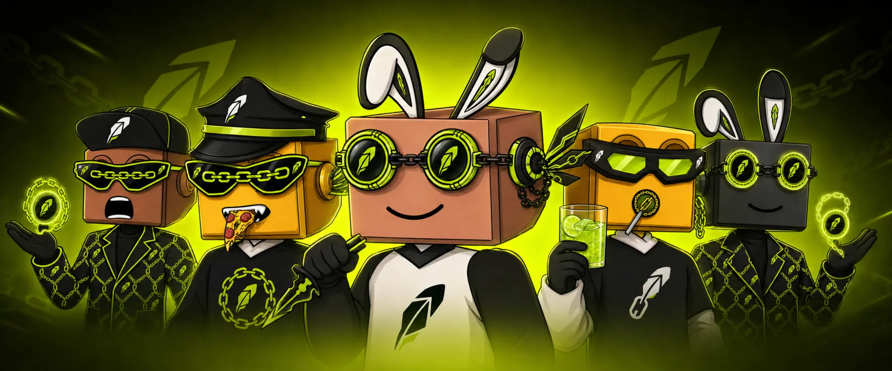 The HOODES crew gathered under neon green light